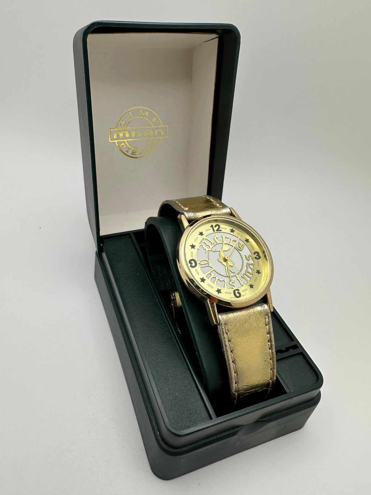 Vintage Milan Gold Tone Watch 33mm Unisex Quartz Holiday Ready "Merry Christmas"