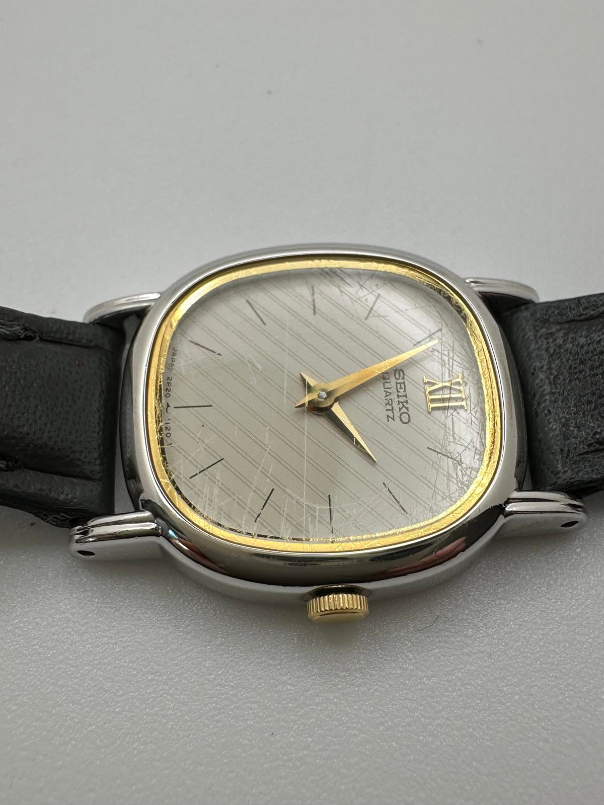 Vintage Seiko Quartz Watch 20mm Cream Dial Gold Accents Genuine Seiko Leather