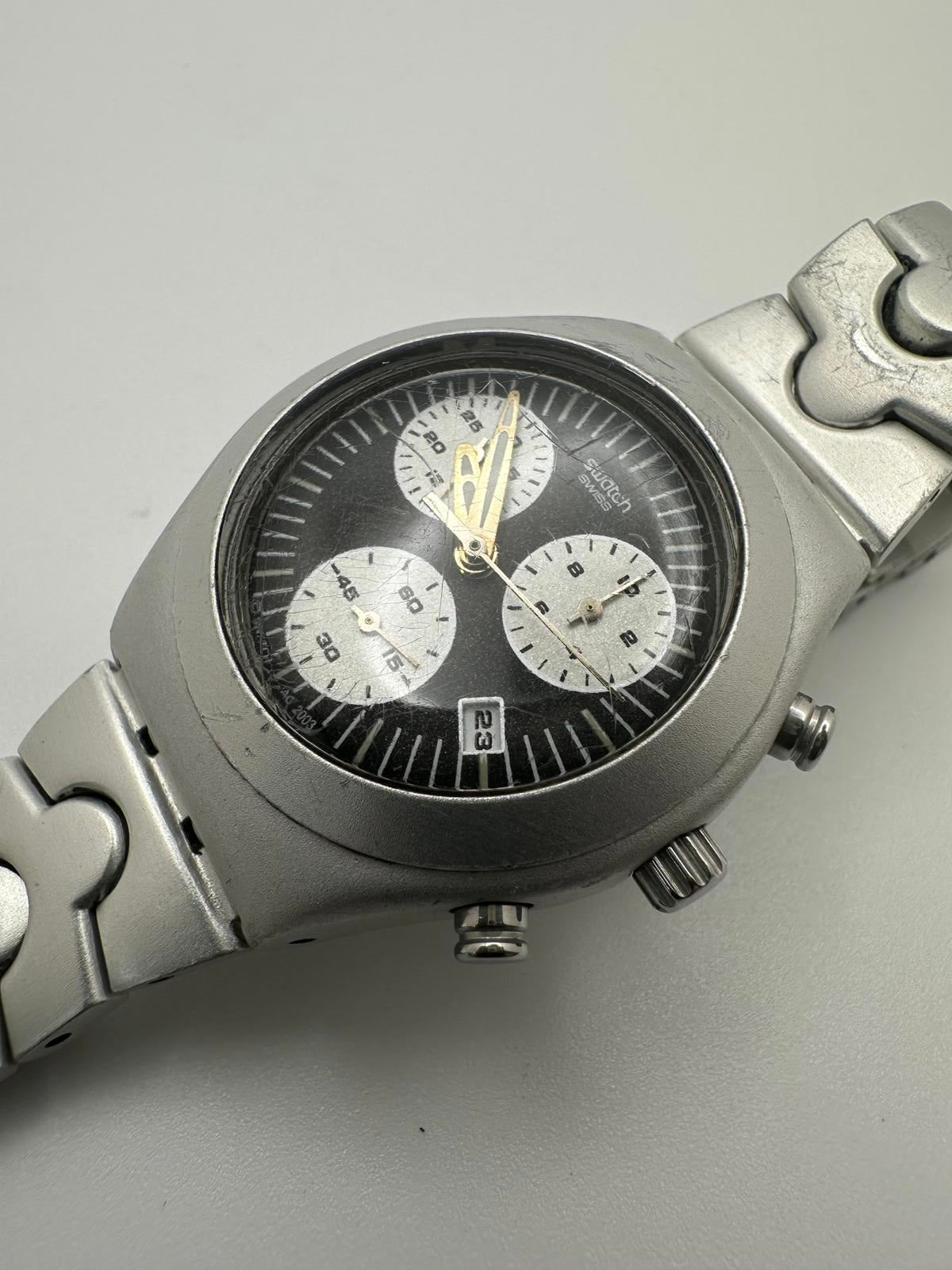 Vintage Swatch Mens Chronograph Watch 35mm Stainless Steel New Battery