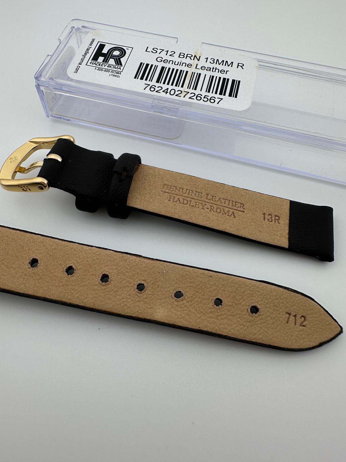 Hadley-Roma Genuine Leather Watch Band 13mm Dark Brown Gold Buckle, alternate view 5