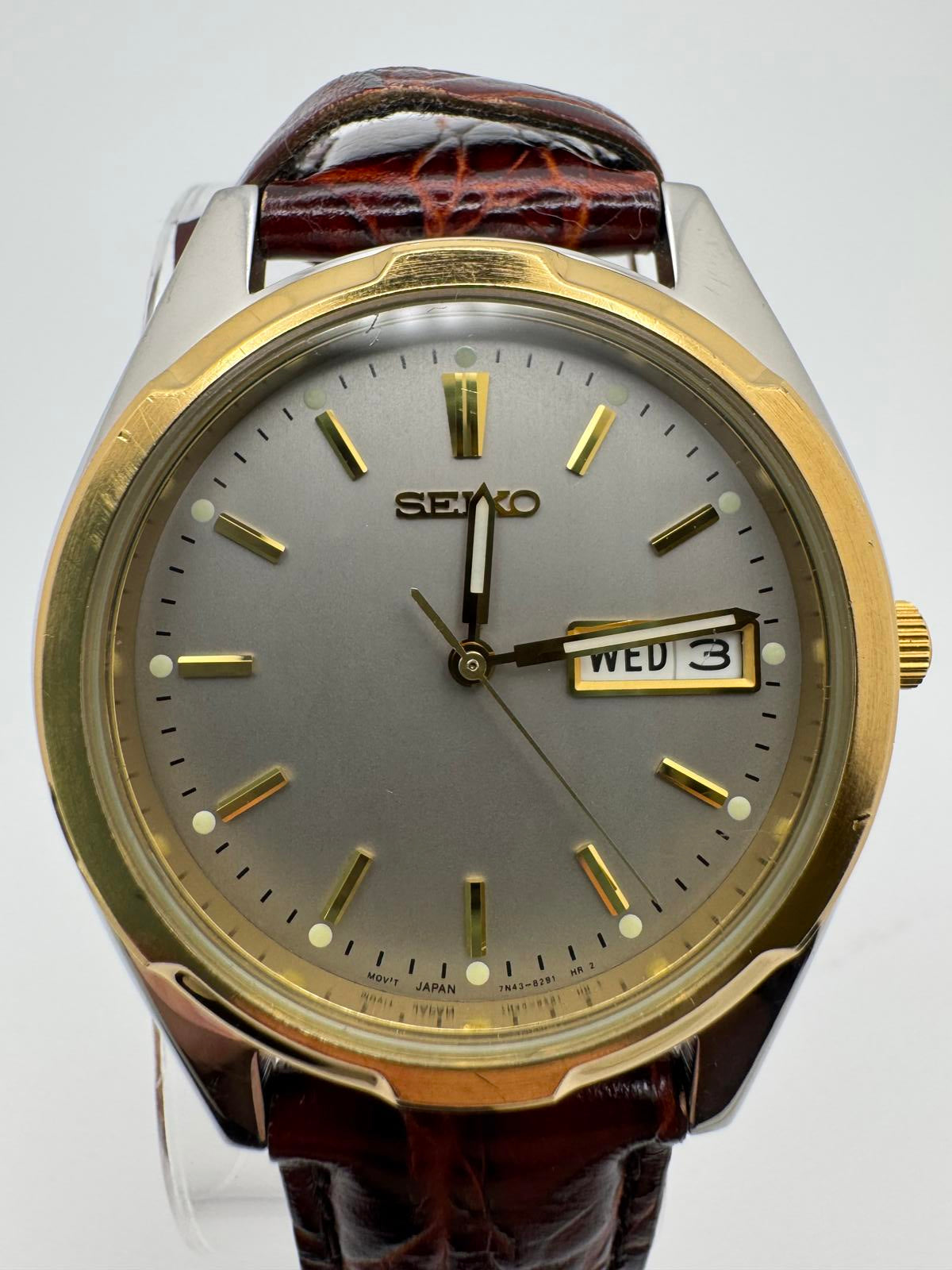 Seiko Men’s Quartz 34mm Watch 1990s Two-Tone Gold Silver Case Gray Dial Day-Date