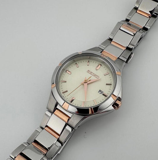 Seiko Womens Two Tone Quartz Watch 27mm Date Steel Rose Gold 6N22