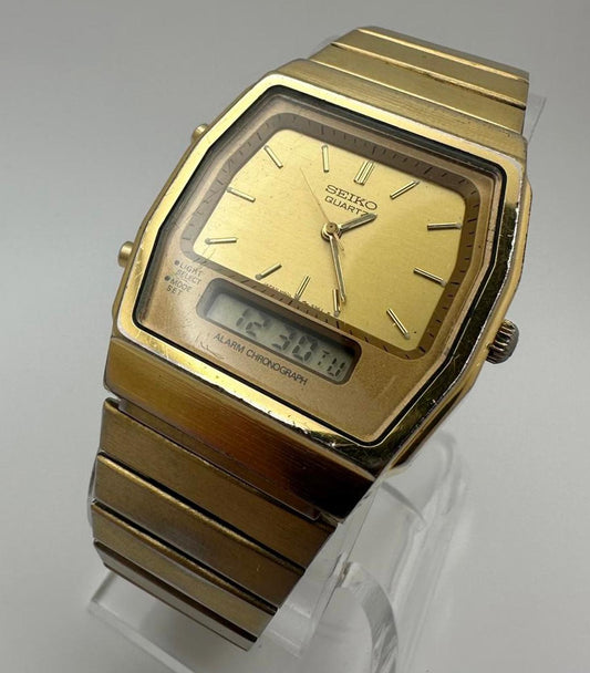 Vintage 1980's Seiko H601-5400 Ana-Digi Gold Tone Men’s Watch 32mm Quartz