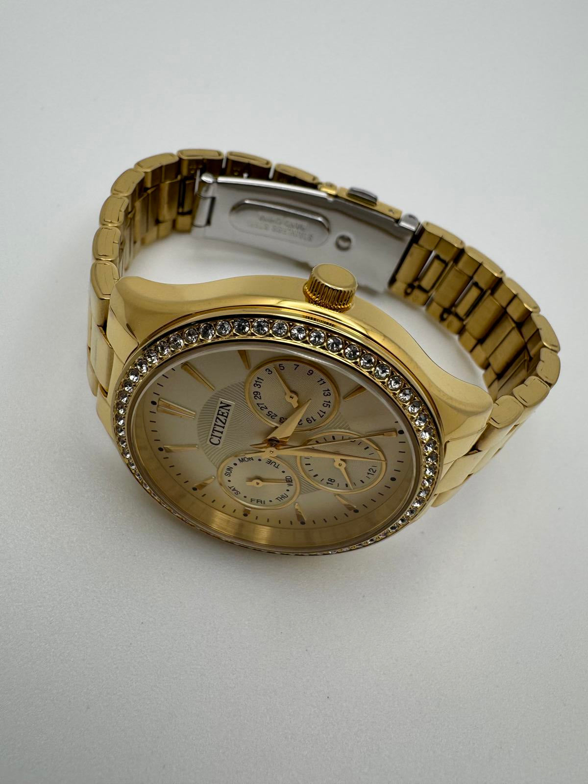 Citizen Gold Tone Crystal Bezel Multifunction Watch Mens 36mm