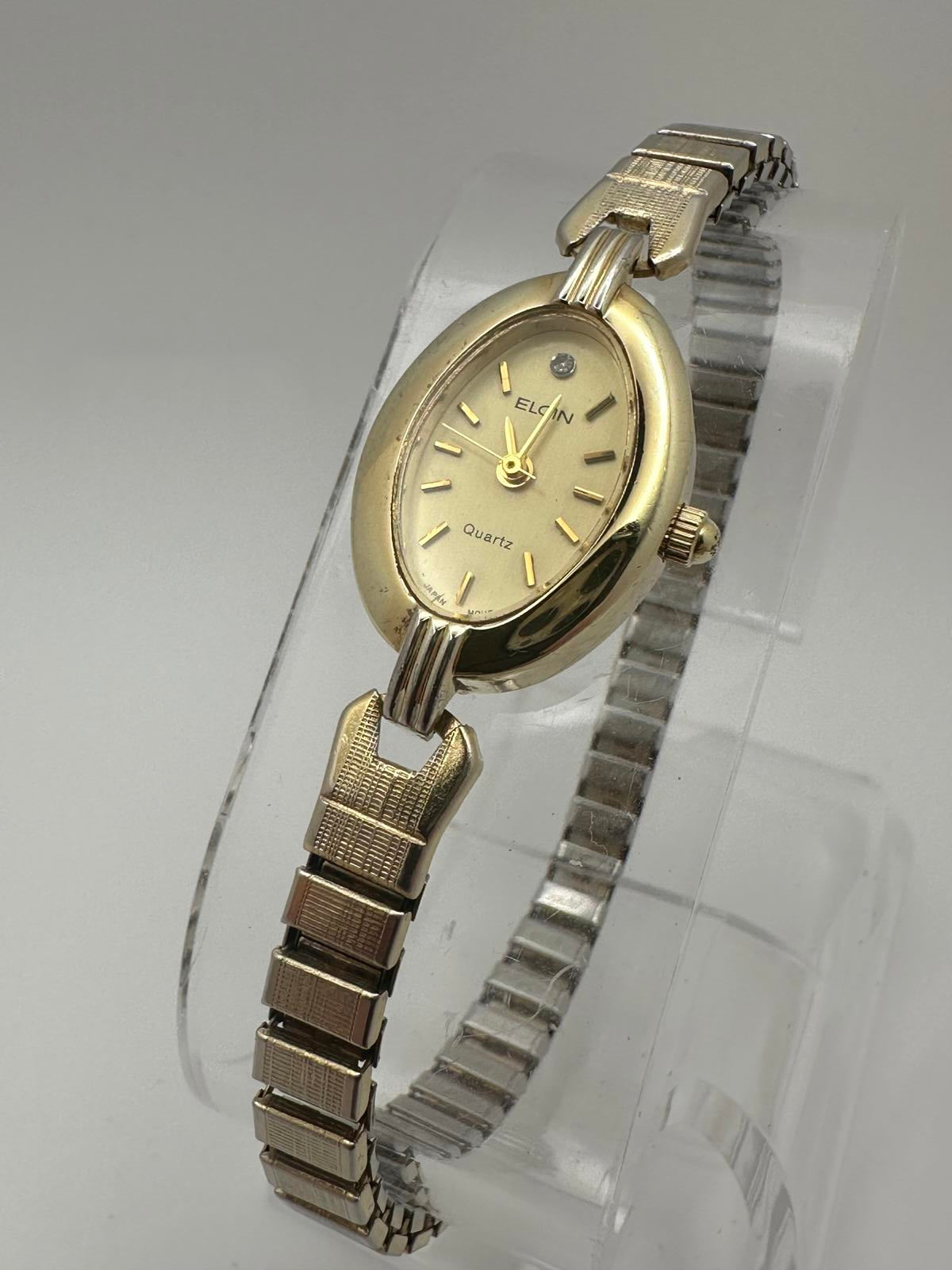 Vintage Elgin Women’s Quartz Watch Petite Gold Tone Stretch Band New Battery