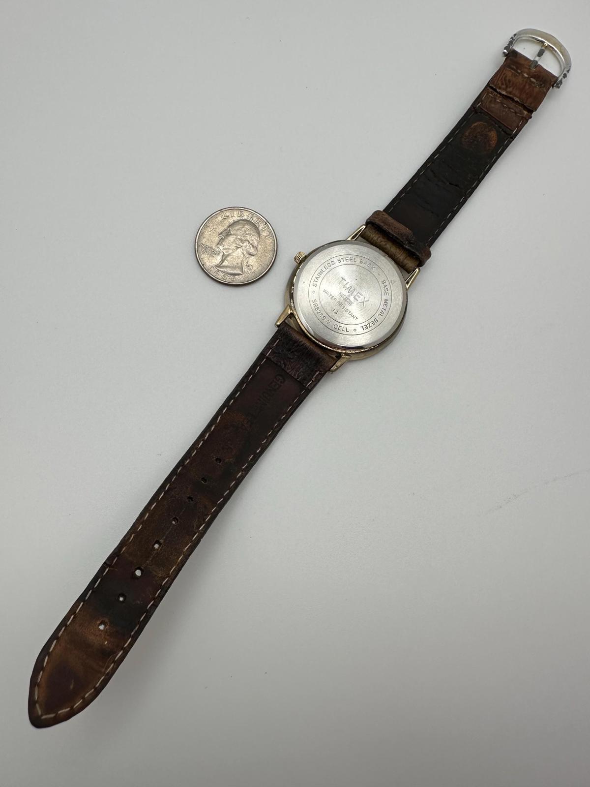 90's Vintage Timex Carriage Quartz Watch – 36mm, Fresh Battery, Worn Leather Strap