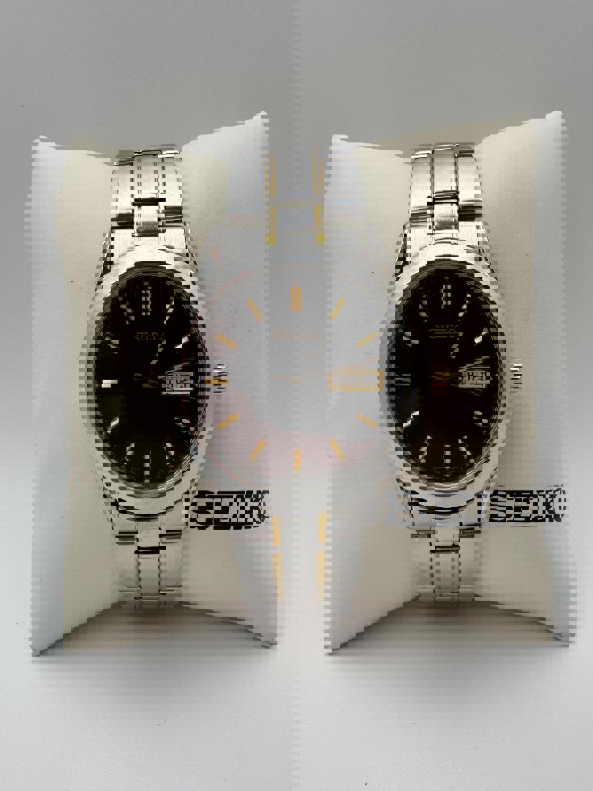 Seiko Quartz 7N43 Two-Tone Day-Date, 36mm Black Dial, New Battery, Japan Movement, Men’s Stainless Bracelet