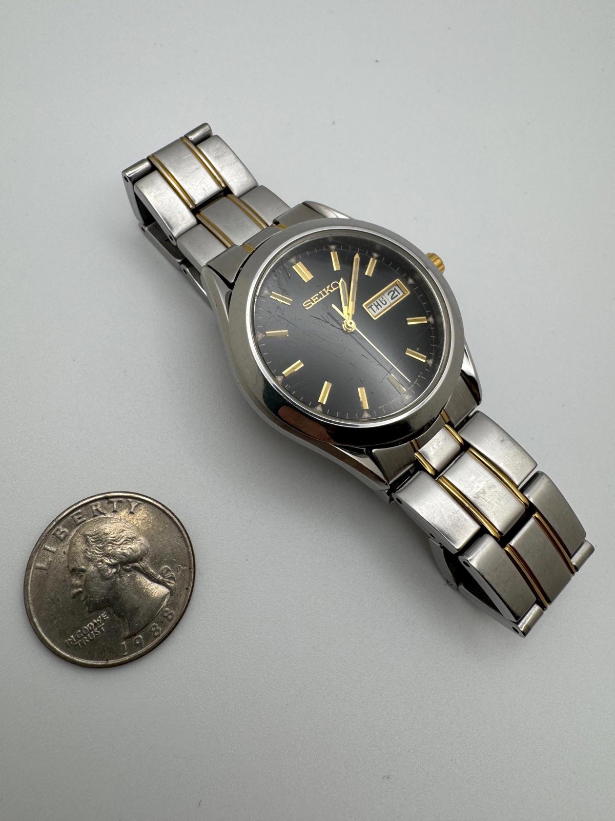 Seiko Quartz 7N43 Two-Tone Day-Date, 36mm Black Dial, New Battery, Japan Movement, Men’s Stainless Bracelet
