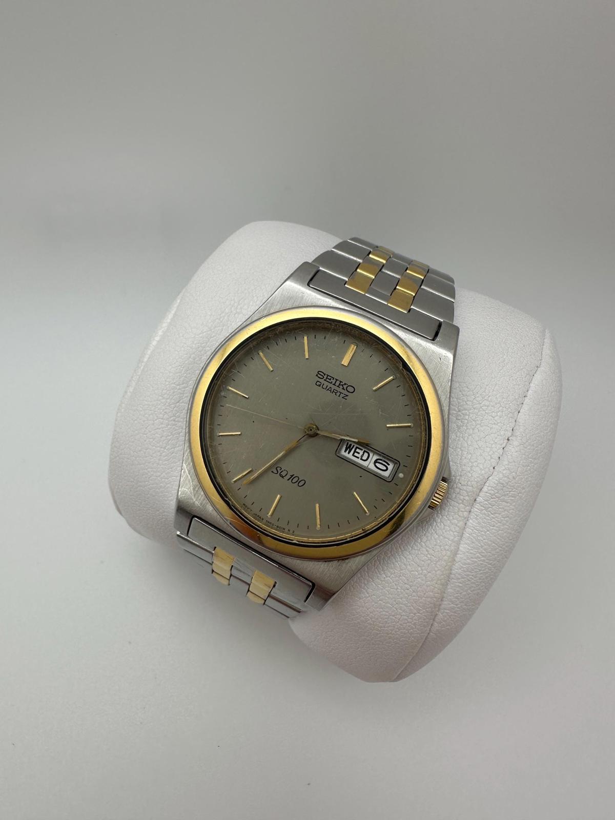 Vintage Seiko SQ100 Two-Tone Watch – 90s Quartz 7N43 Grey Dial Day-Date 35mm