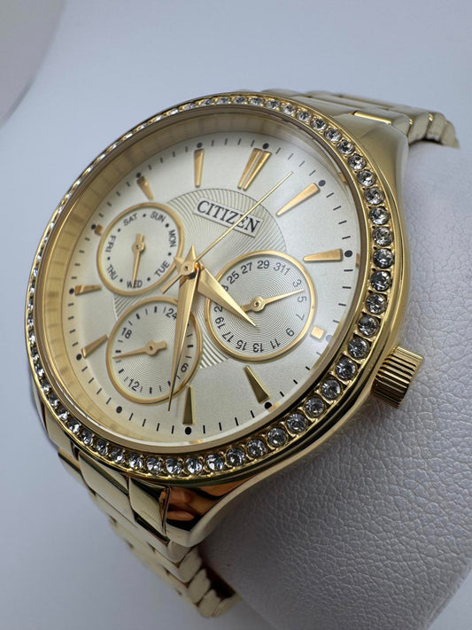 Citizen Gold Tone Crystal Bezel Multifunction Watch Mens 36mm