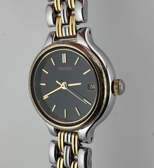 Seiko Womens Vintage Quartz Watch Black Dial Two Tone Bracelet 22mm Date