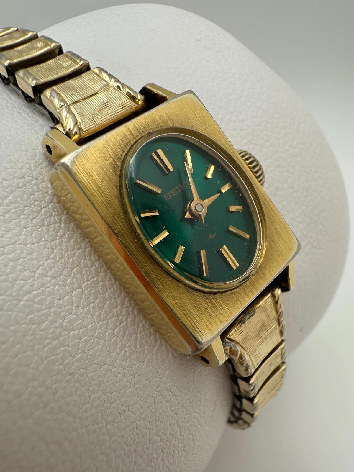 1970s Seiko Ladies 14mm Mechanical Watch Green Dial Gold Case Manual Wind Works
