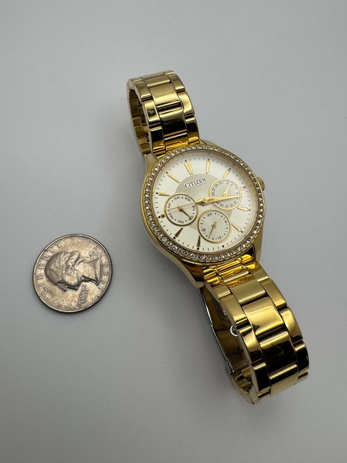 Citizen Gold Tone Crystal Bezel Multifunction Watch Mens 36mm