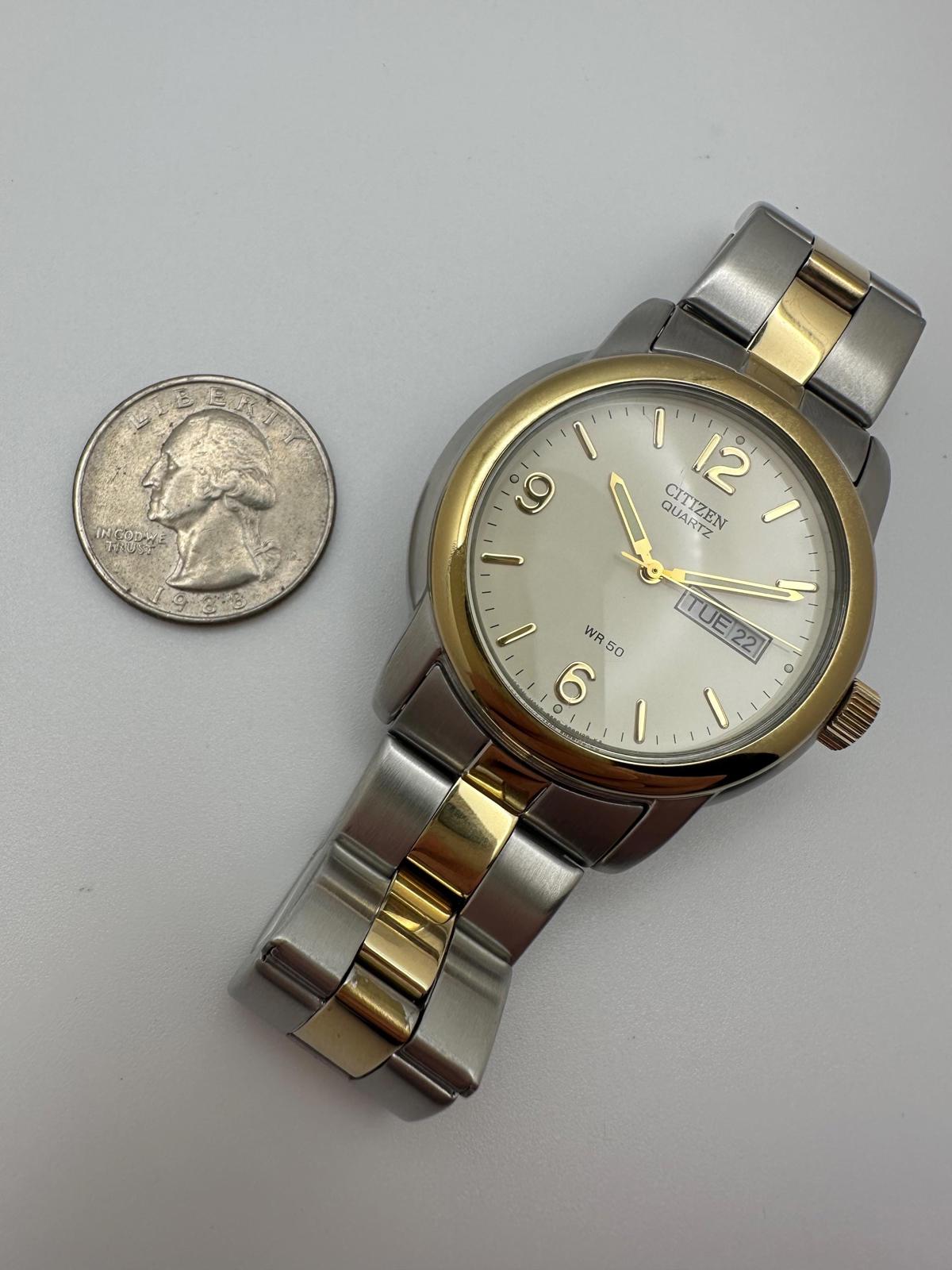 Mens Citizen Quartz 41mm Two-Tone Stainless Steel Watch Day-Date WR50 Japan
