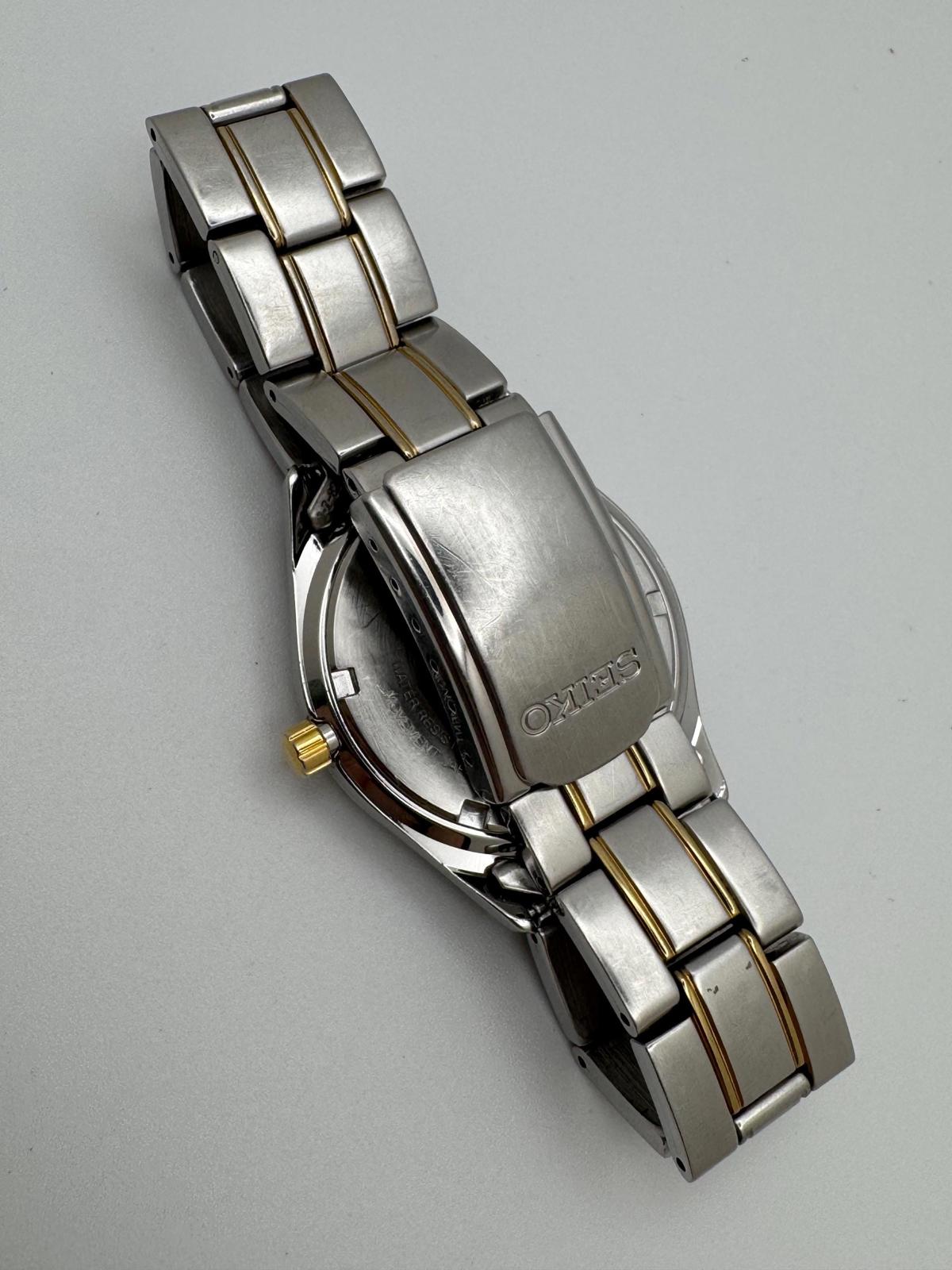 Seiko Quartz 7N43 Two-Tone Day-Date, 36mm Black Dial, New Battery, Japan Movement, Men’s Stainless Bracelet