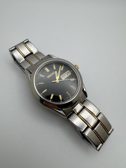 Seiko Quartz 7N43 Two-Tone Day-Date, 36mm Black Dial, New Battery, Japan Movement, Men’s Stainless Bracelet