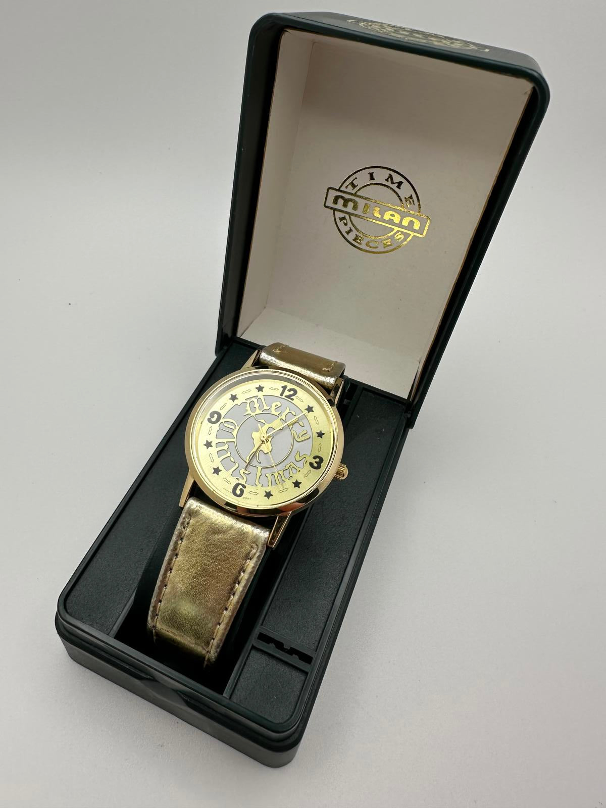 Vintage Milan Gold Tone Watch 33mm Unisex Quartz Holiday Ready "Merry Christmas"