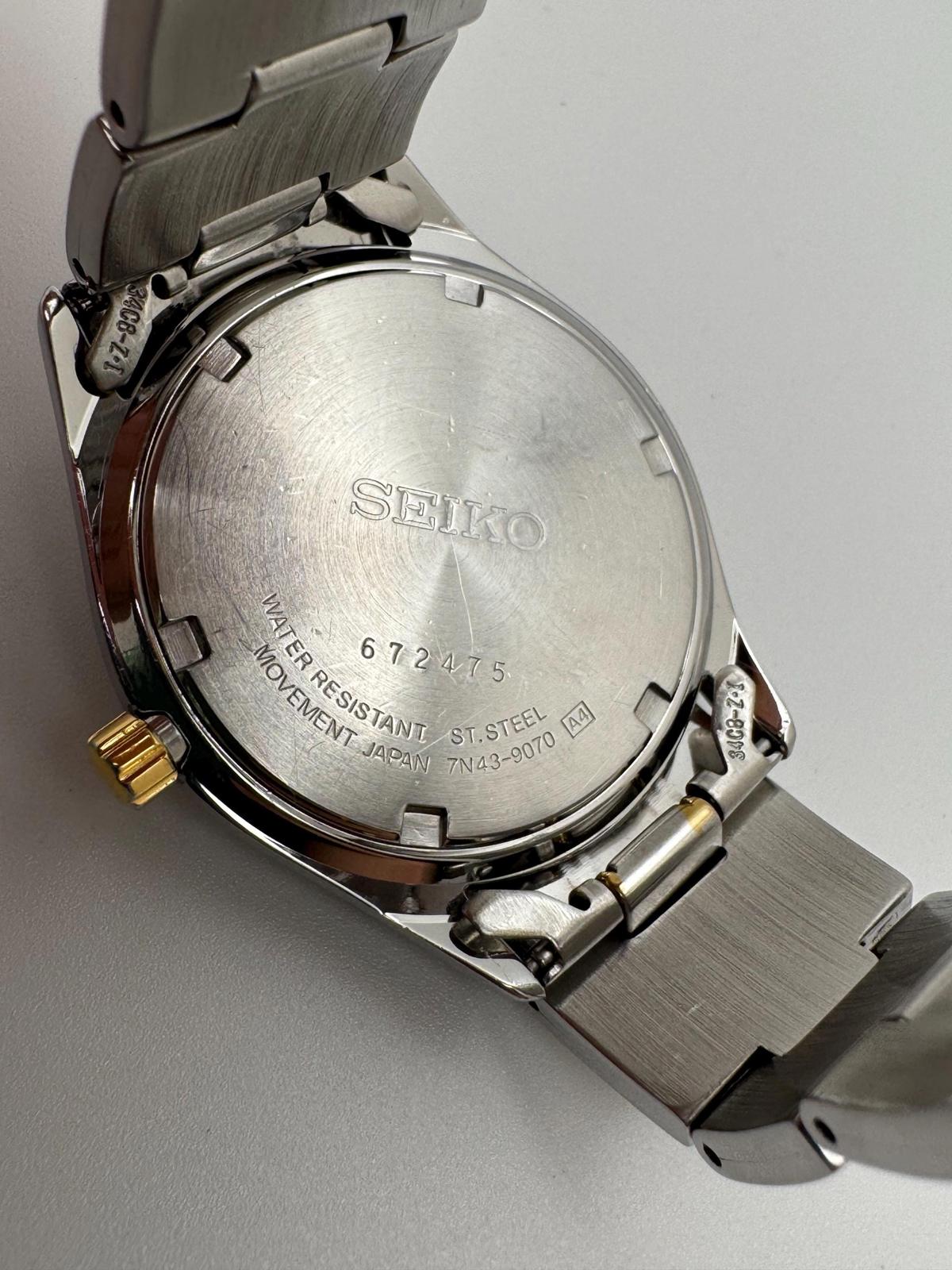 Seiko Quartz 7N43 Two-Tone Day-Date, 36mm Black Dial, New Battery, Japan Movement, Men’s Stainless Bracelet