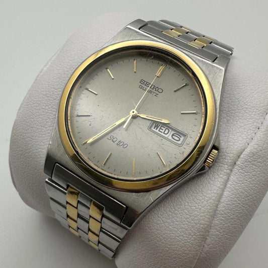 Vintage Seiko SQ100 Two-Tone Watch – 90s Quartz 7N43 Grey Dial Day-Date 35mm