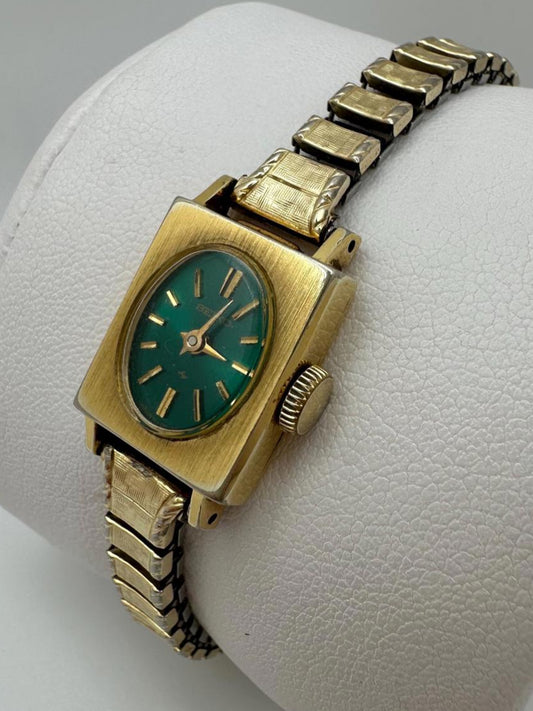 1970s Seiko Ladies 14mm Mechanical Watch Green Dial Gold Case Manual Wind Works