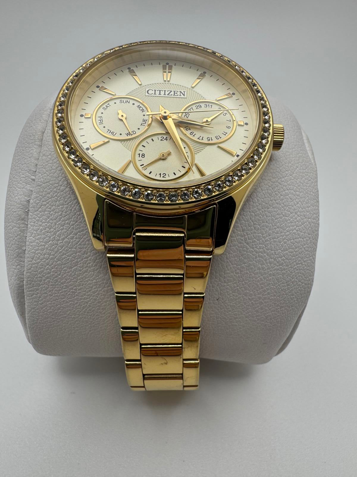 Citizen Gold Tone Crystal Bezel Multifunction Watch Mens 36mm