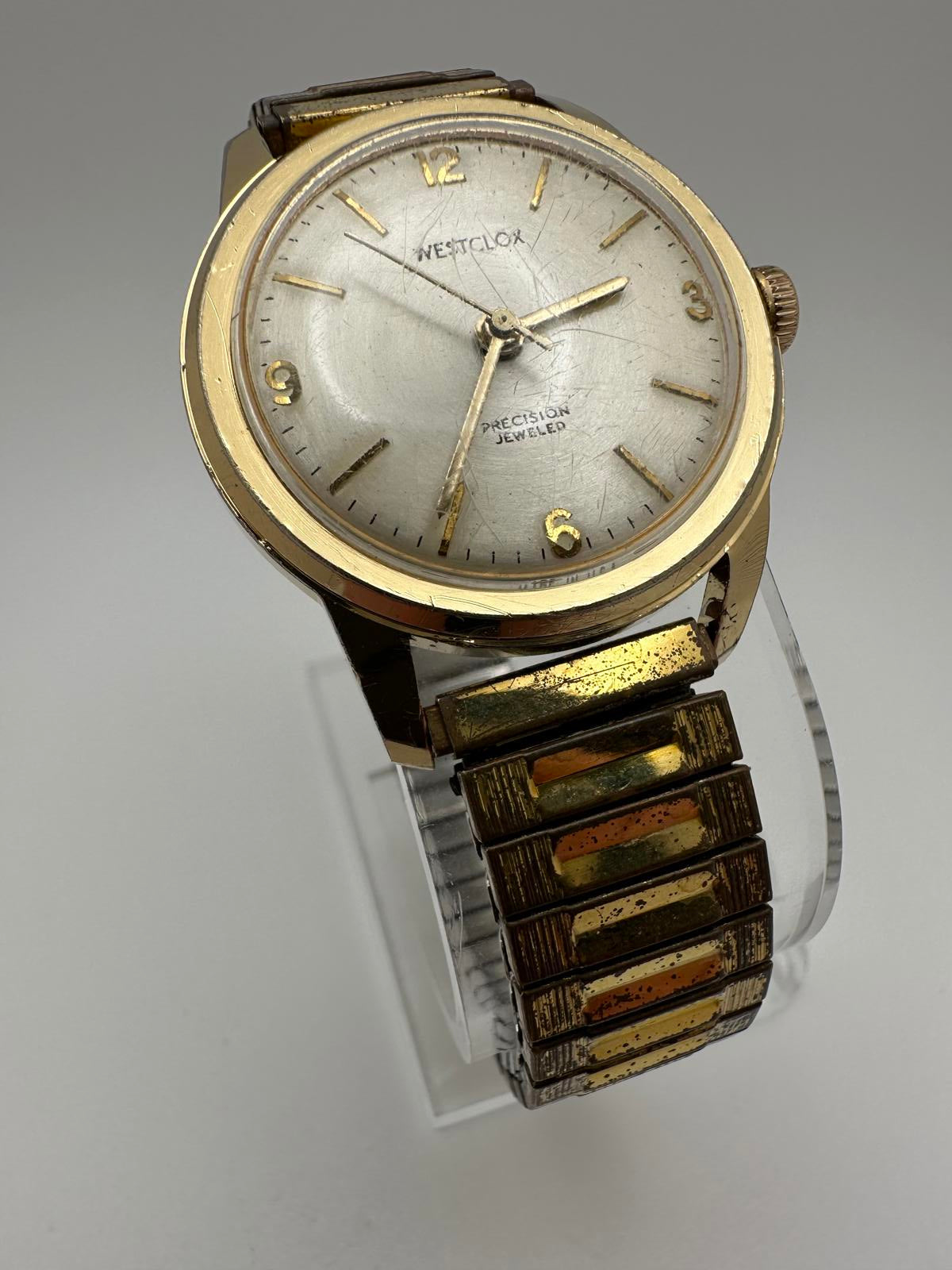 Vintage Westclox Mens Mechanical Watch Gold Tone 32mm Stretch Band | 1950-60s
