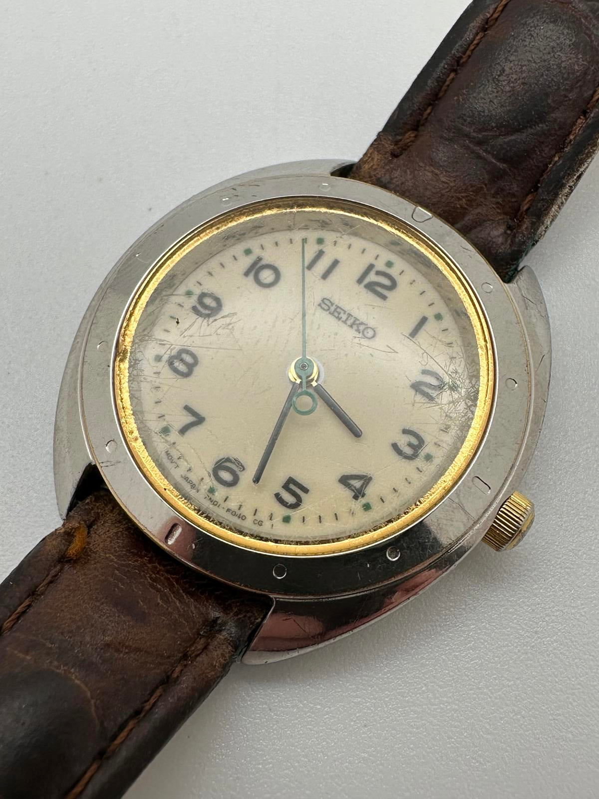 Vintage Seiko 28mm Cream Dial Quartz Watch w/ Pulsar Leather Strap