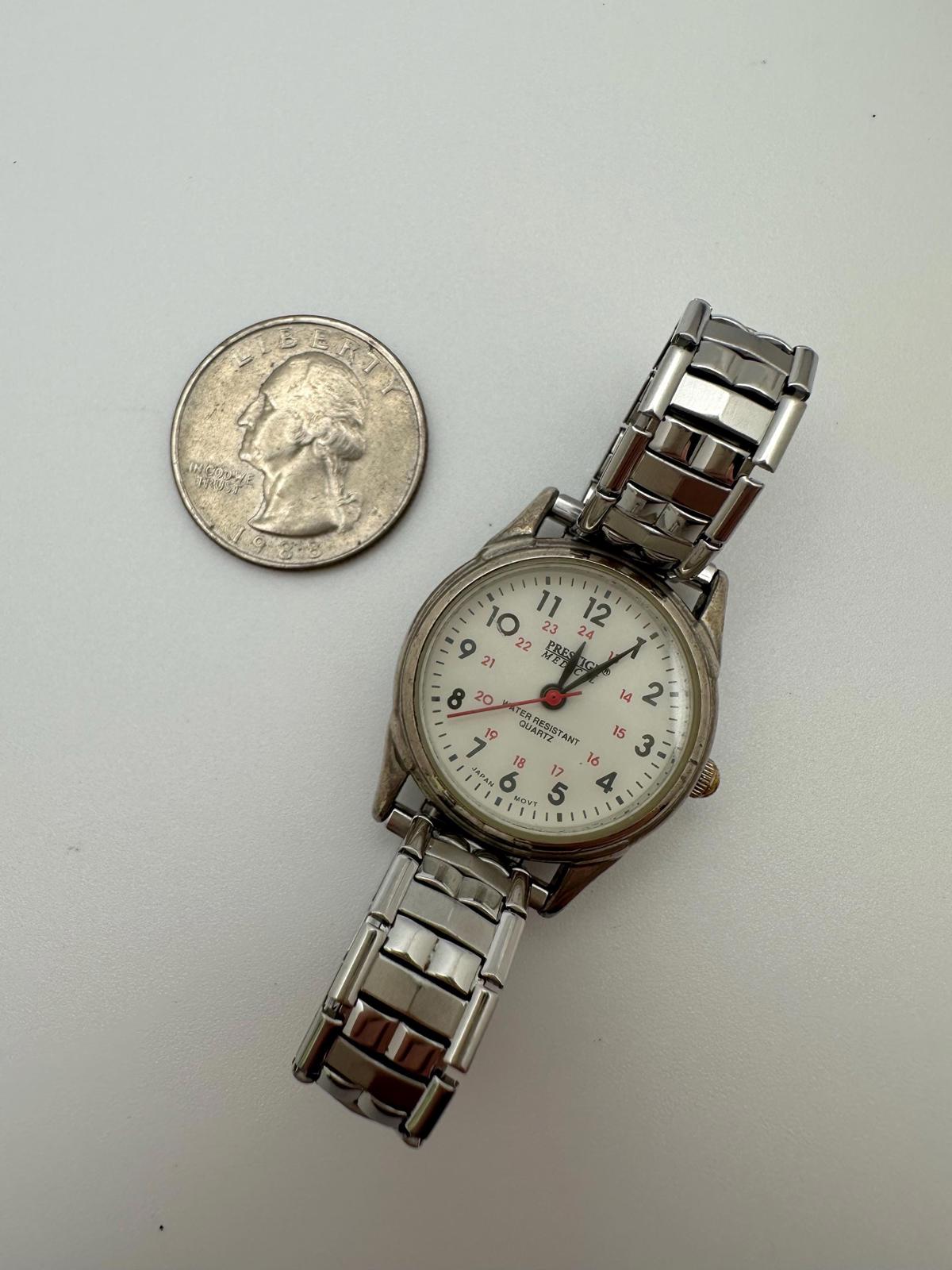 Vintage Prestige Medical Quartz Watch 25.5mm White Dial Steel Stretch Band Japan