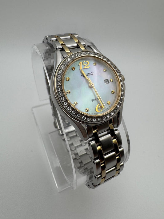 Seiko Women’s Solar Watch – Two-Tone Stainless Steel with Mother of Pearl & Crystal Bezel – 28mm