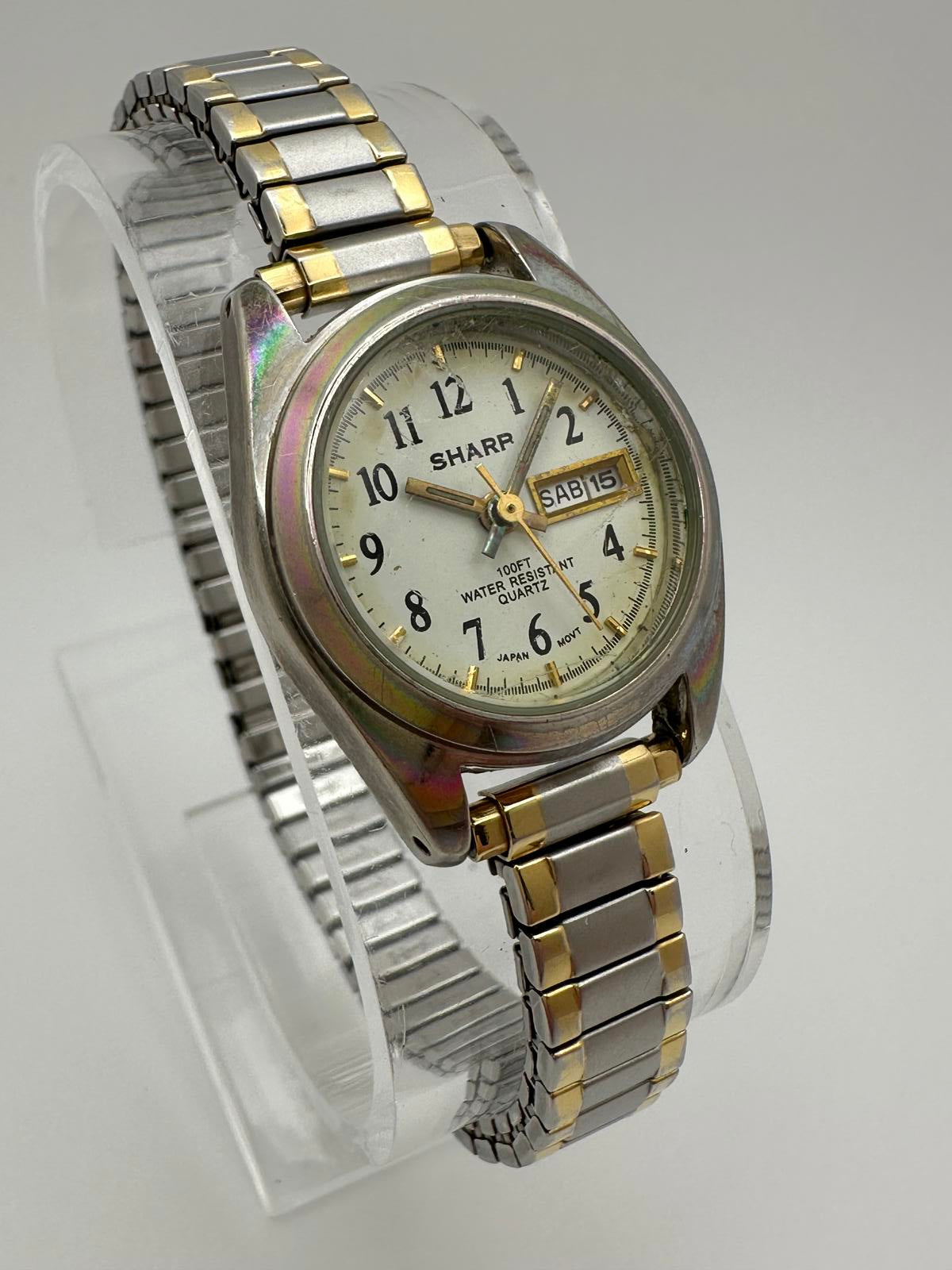 Vintage Sharp Women’s Quartz Watch 27mm Two-Tone Day Date Spanish/Eng