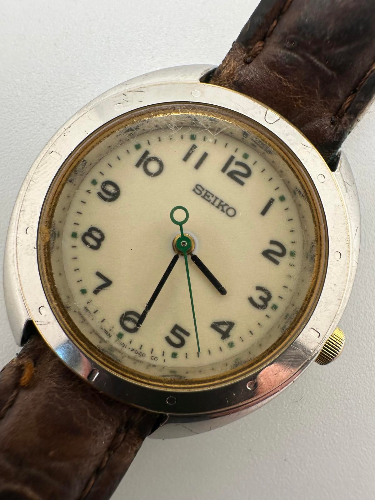 Vintage Seiko 28mm Cream Dial Quartz Watch w/ Pulsar Leather Strap