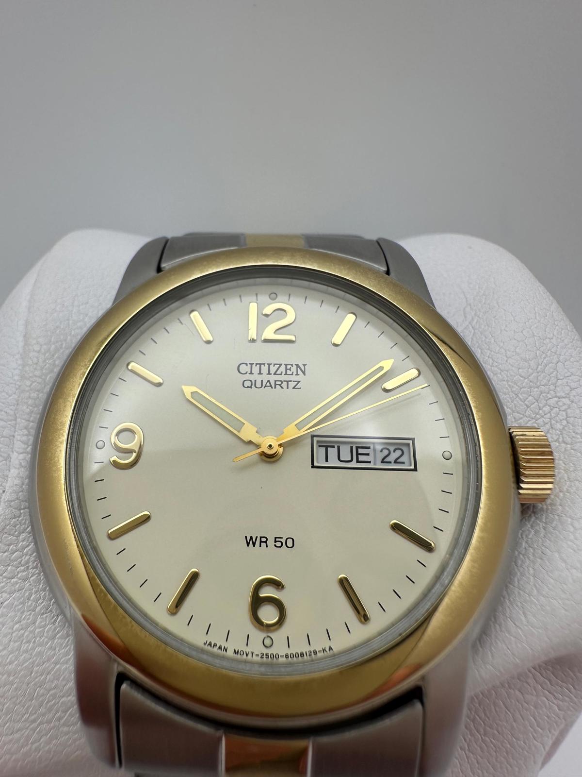 Mens Citizen Quartz 41mm Two-Tone Stainless Steel Watch Day-Date WR50 Japan
