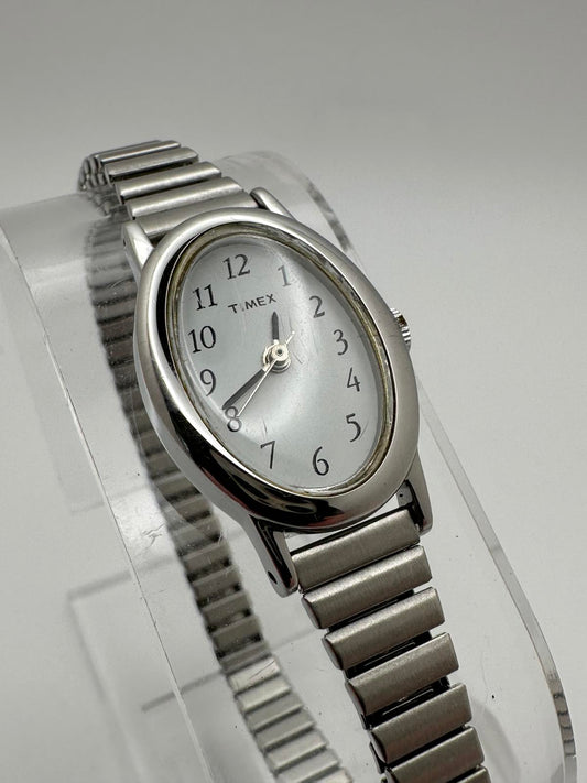 Vintage Timex Women’s Silver Oval Watch • 18mm • Fresh Battery • Classic Quartz