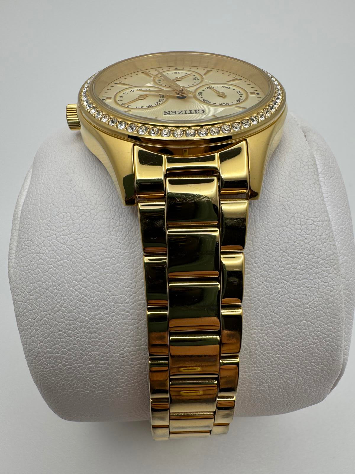 Citizen Gold Tone Crystal Bezel Multifunction Watch Mens 36mm