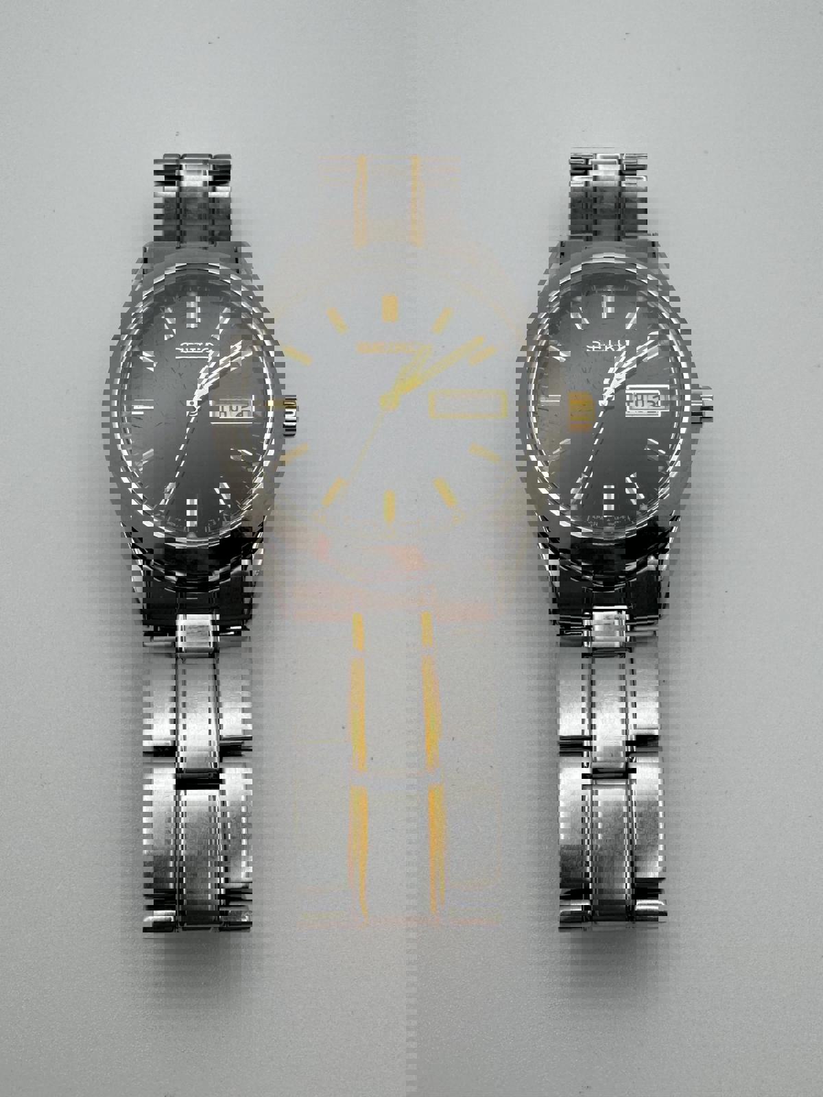 Seiko Quartz 7N43 Two-Tone Day-Date, 36mm Black Dial, New Battery, Japan Movement, Men’s Stainless Bracelet