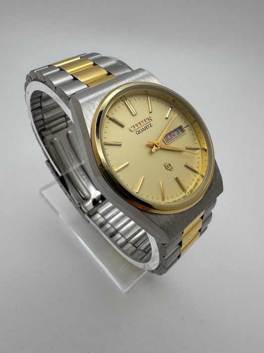 Vintage Citizen Quartz Men’s Watch – 33mm Two-Tone Gold Silver, Day-Date, 1980s