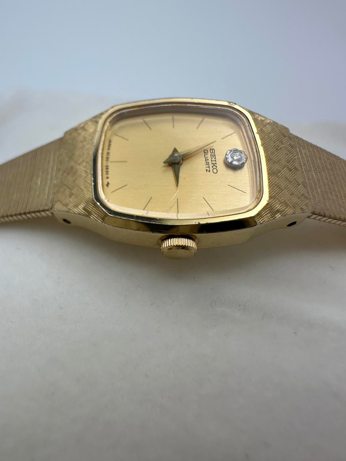 Seiko Quartz Gold-Tone Tank Watch – 16mm Vintage 1980s Japan, Fresh Battery