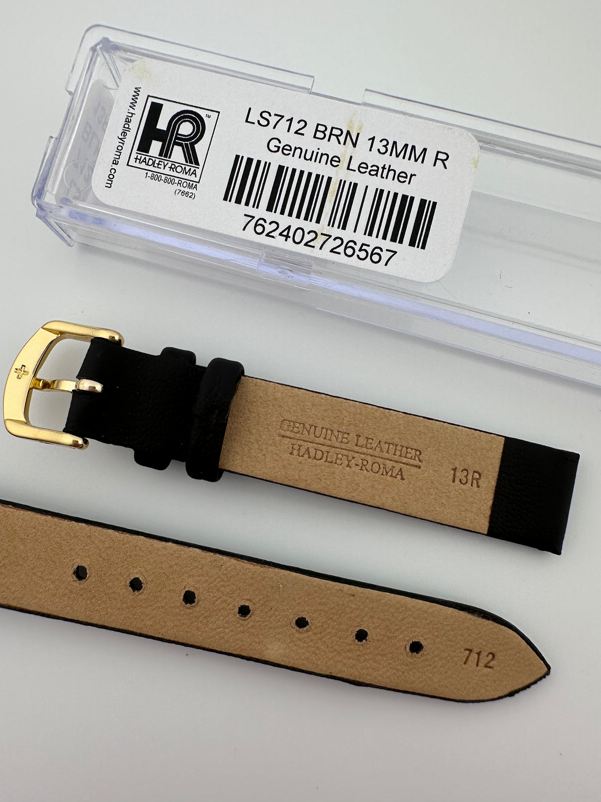 Hadley-Roma Genuine Leather Watch Band 13mm Dark Brown Gold Buckle, alternate view 4
