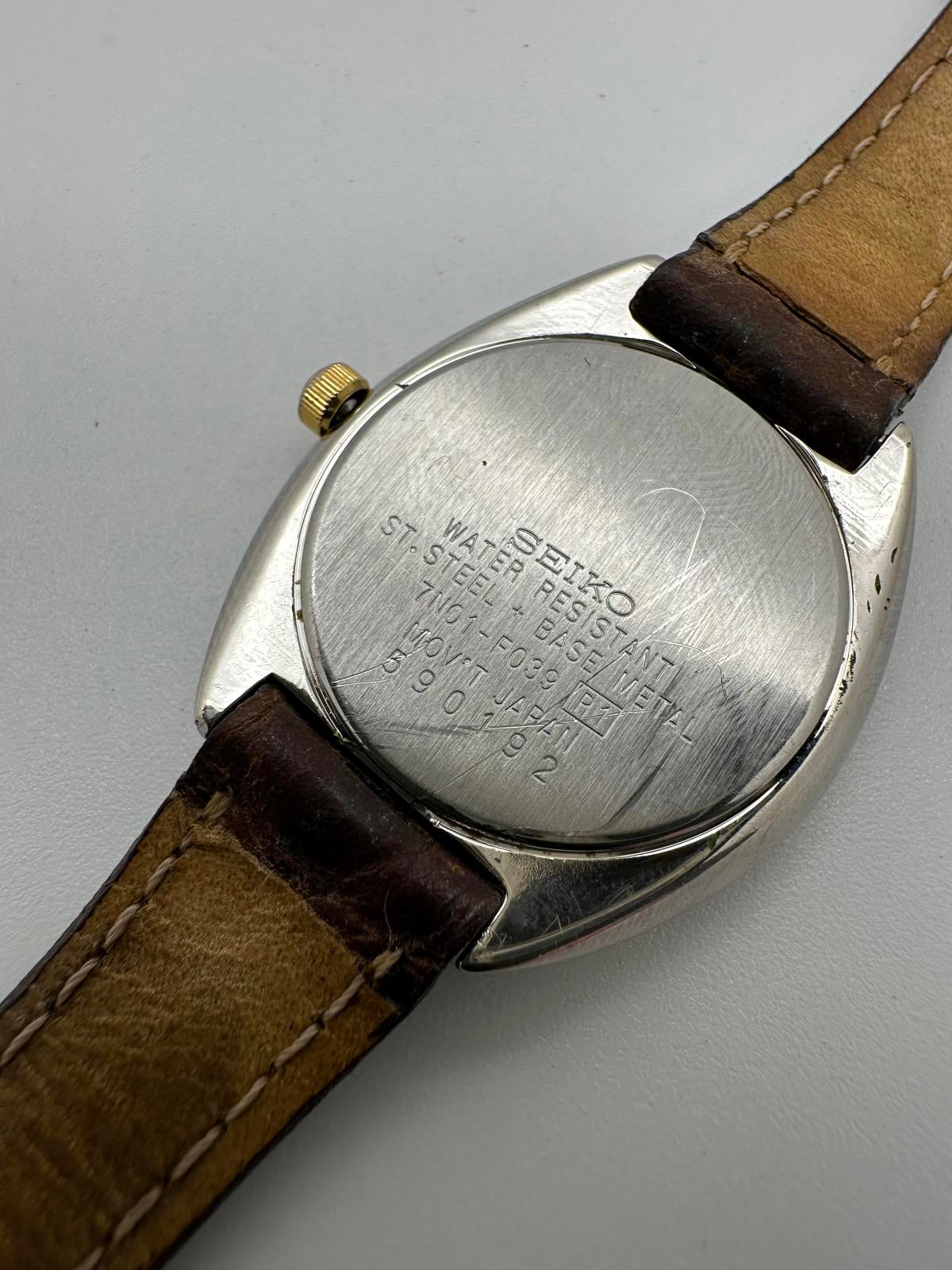 Vintage Seiko 28mm Cream Dial Quartz Watch w/ Pulsar Leather Strap