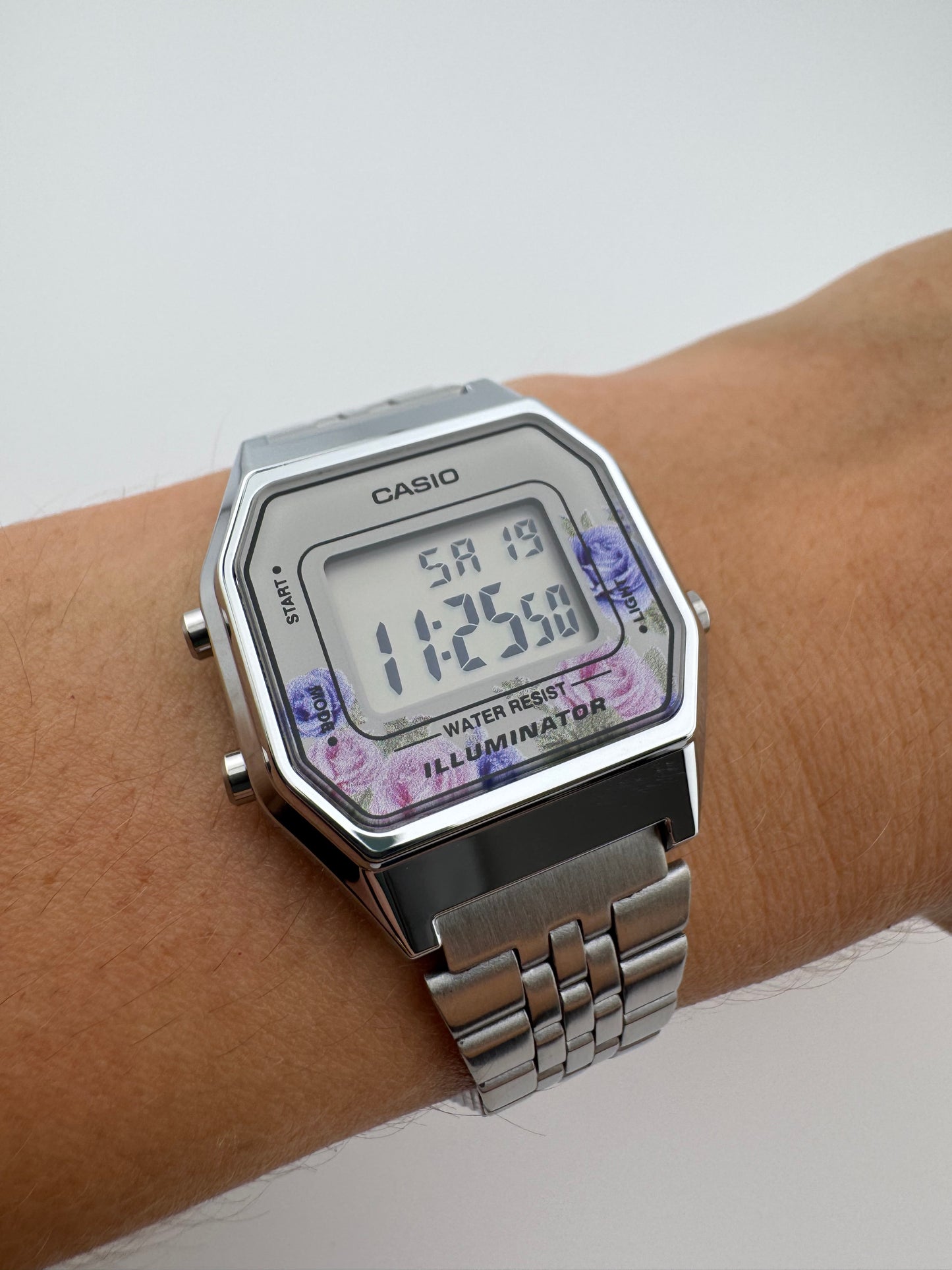 Casio Vintage Floral Digital Watch, Silver Stainless Steel Bracelet, Unisex