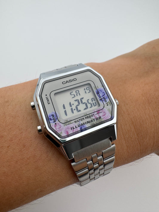Casio Vintage Floral Digital Watch, Silver Stainless Steel Bracelet, Unisex