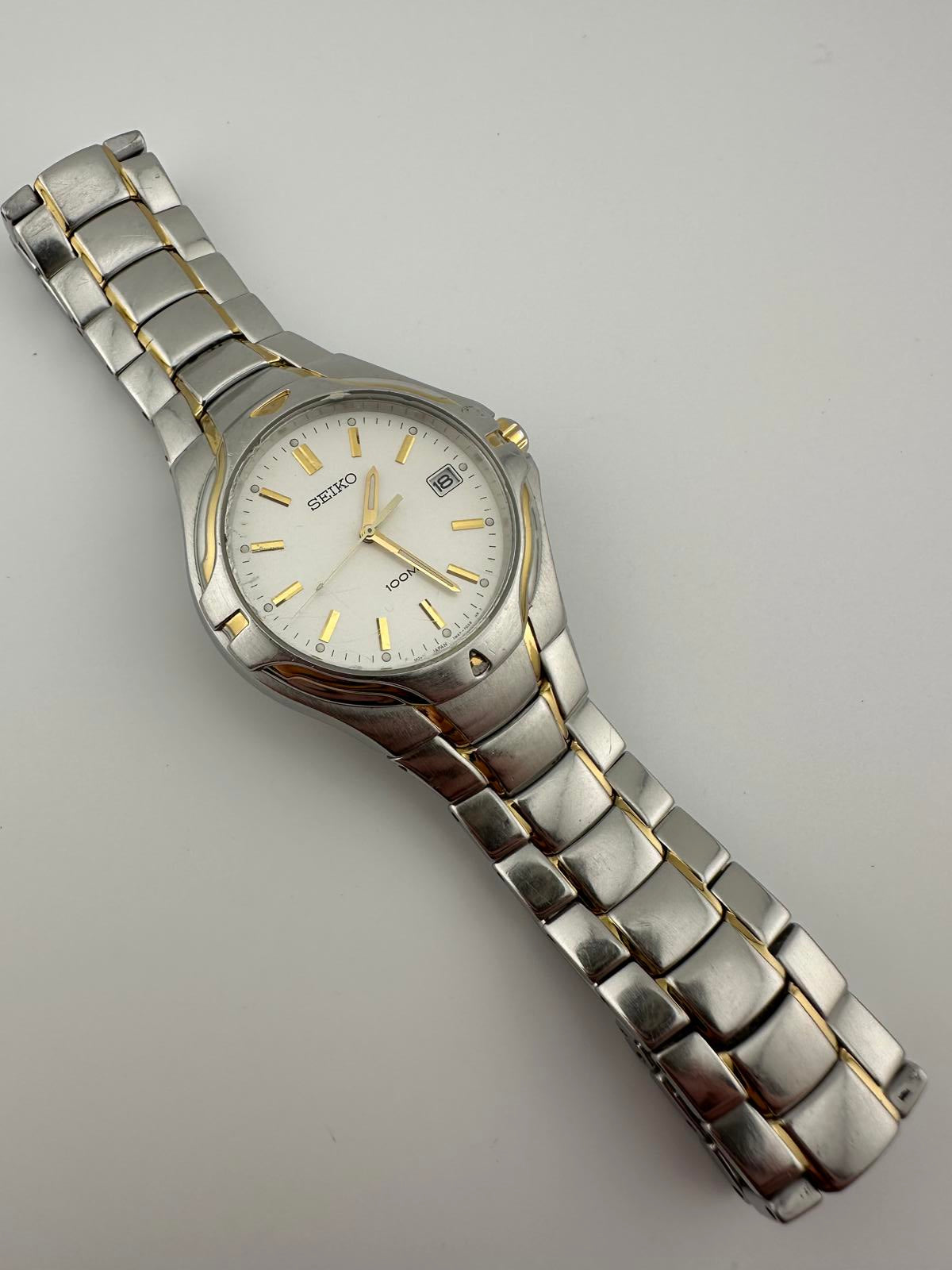 Seiko 100M Quartz Watch 40mm Two Tone Silver Gold Date Men Vintage 7N42 7000