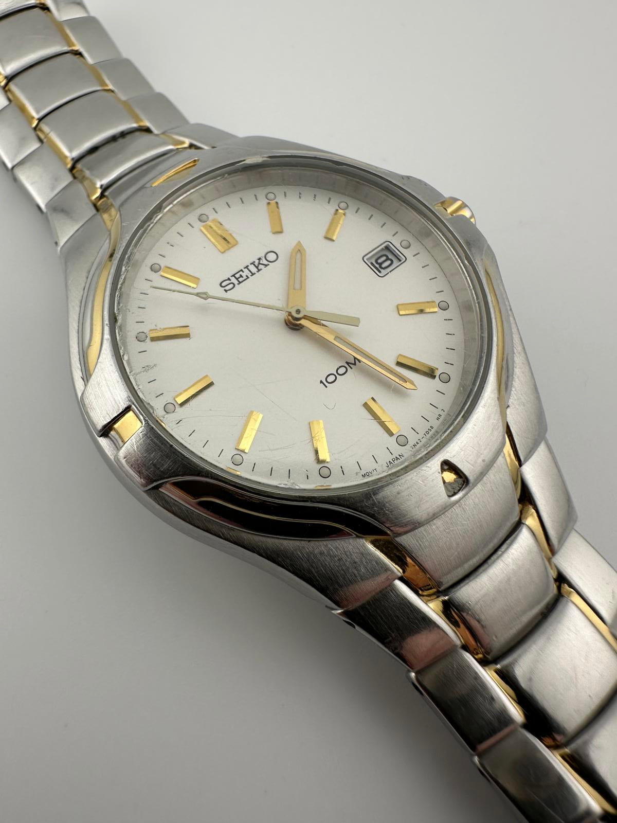 Seiko 100M Quartz Watch 40mm Two Tone Silver Gold Date Men Vintage 7N42 7000