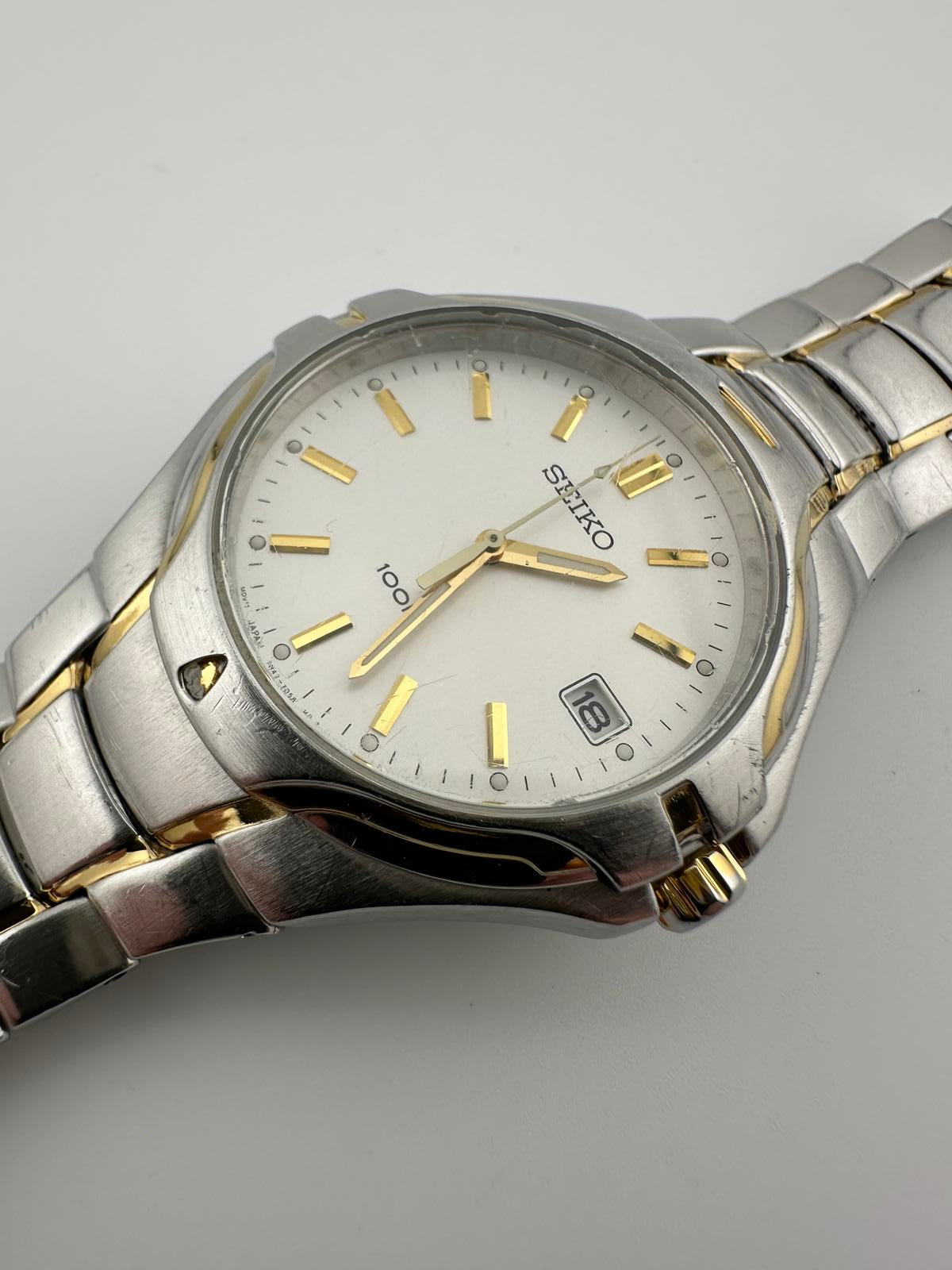Seiko 100M Quartz Watch 40mm Two Tone Silver Gold Date Men Vintage 7N42 7000