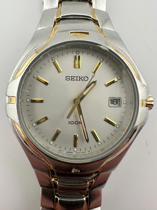 Seiko 100M Quartz Watch 40mm Two Tone Silver Gold Date Men Vintage 7N42 7000