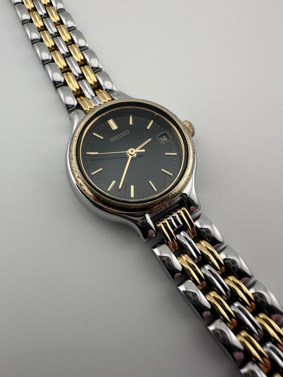 Seiko Womens Vintage Quartz Watch Black Dial Two Tone Bracelet 22mm Date