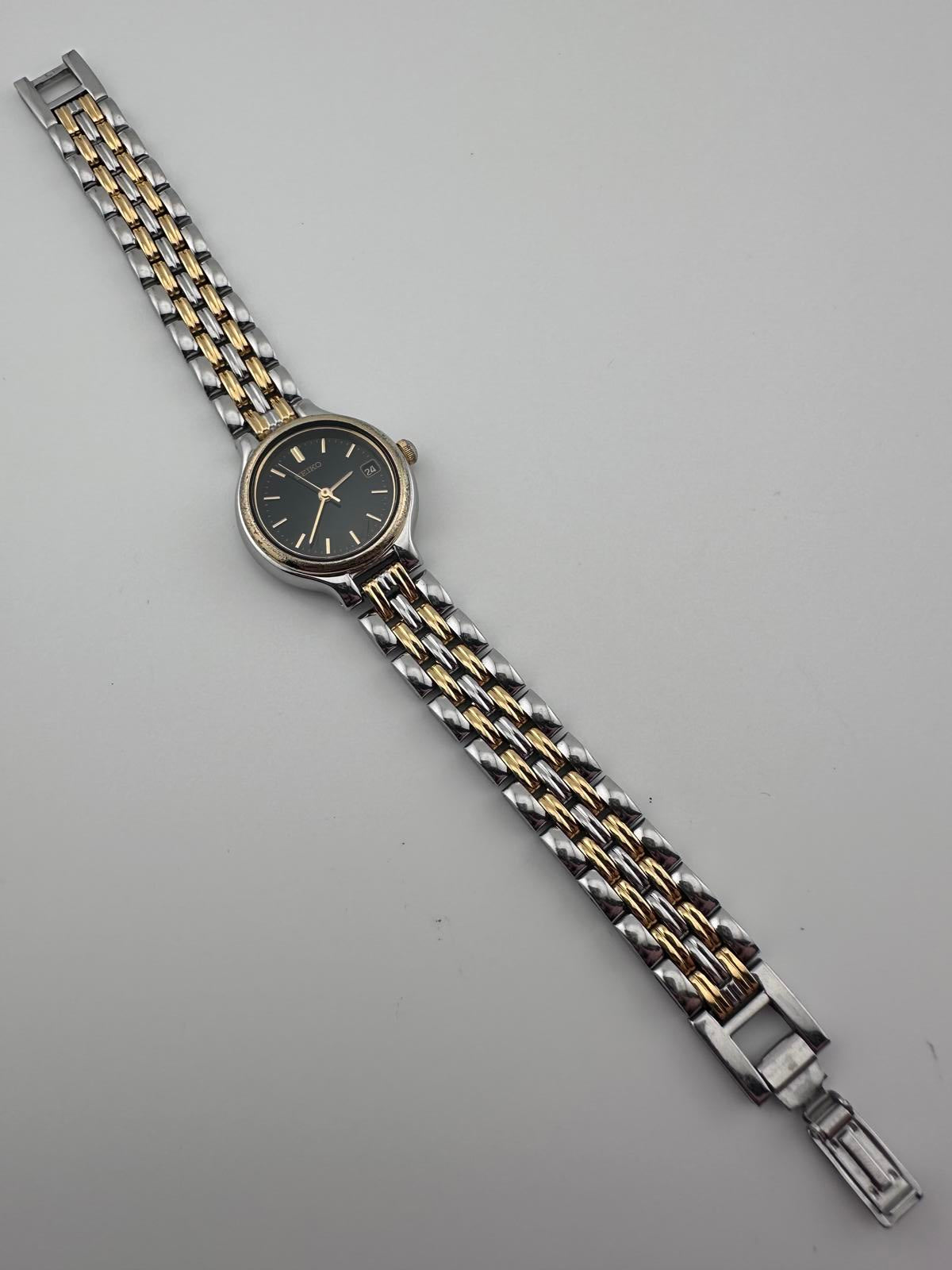 Seiko Womens Vintage Quartz Watch Black Dial Two Tone Bracelet 22mm Date