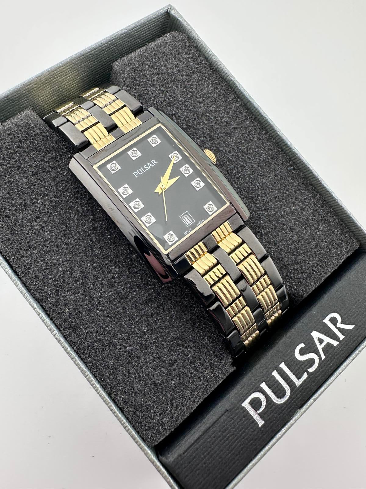 Pulsar Tank Watch Black Gold Swarovski NOS Box Papers