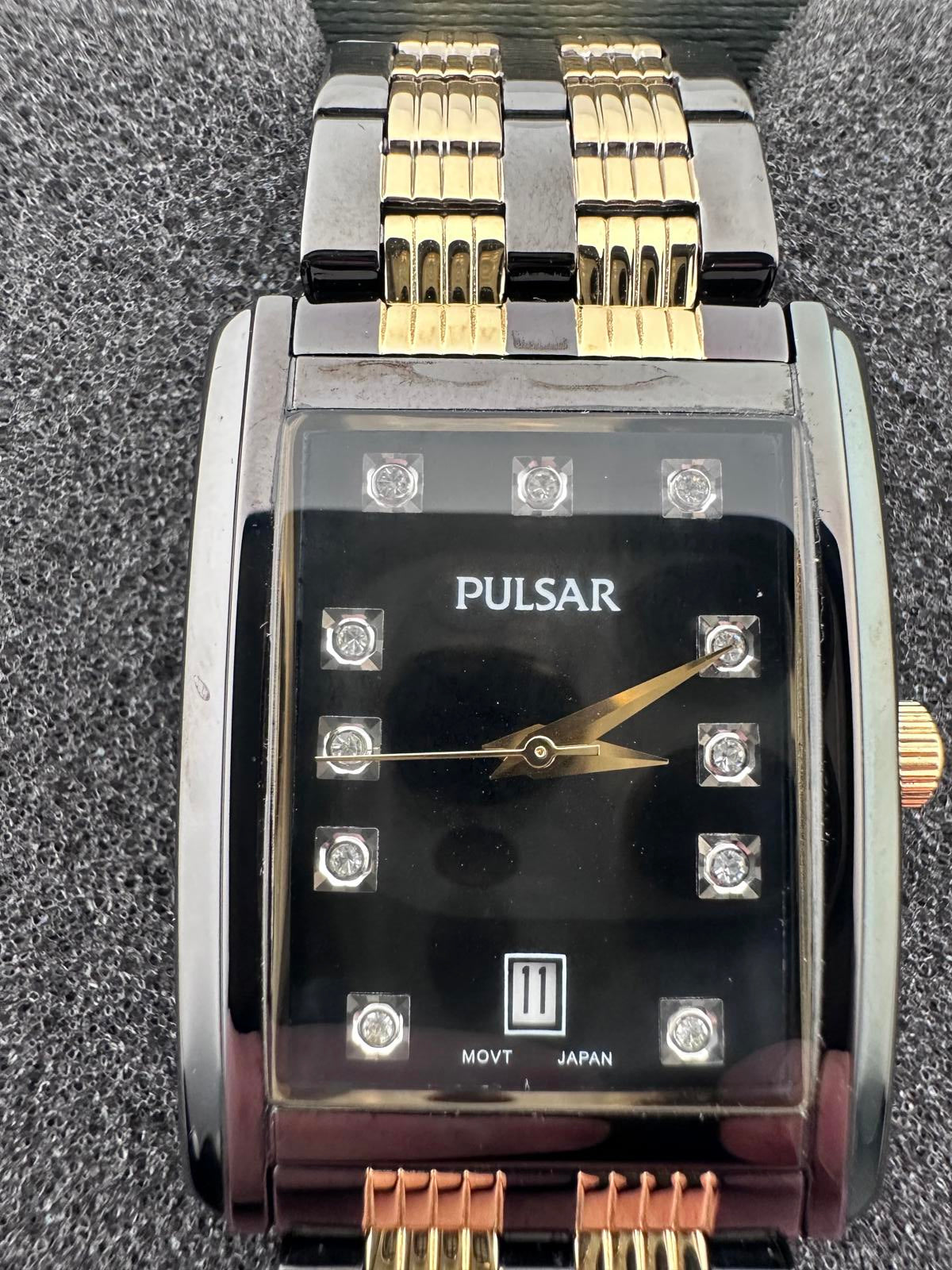 Pulsar Tank Watch Black Gold Swarovski NOS Box Papers