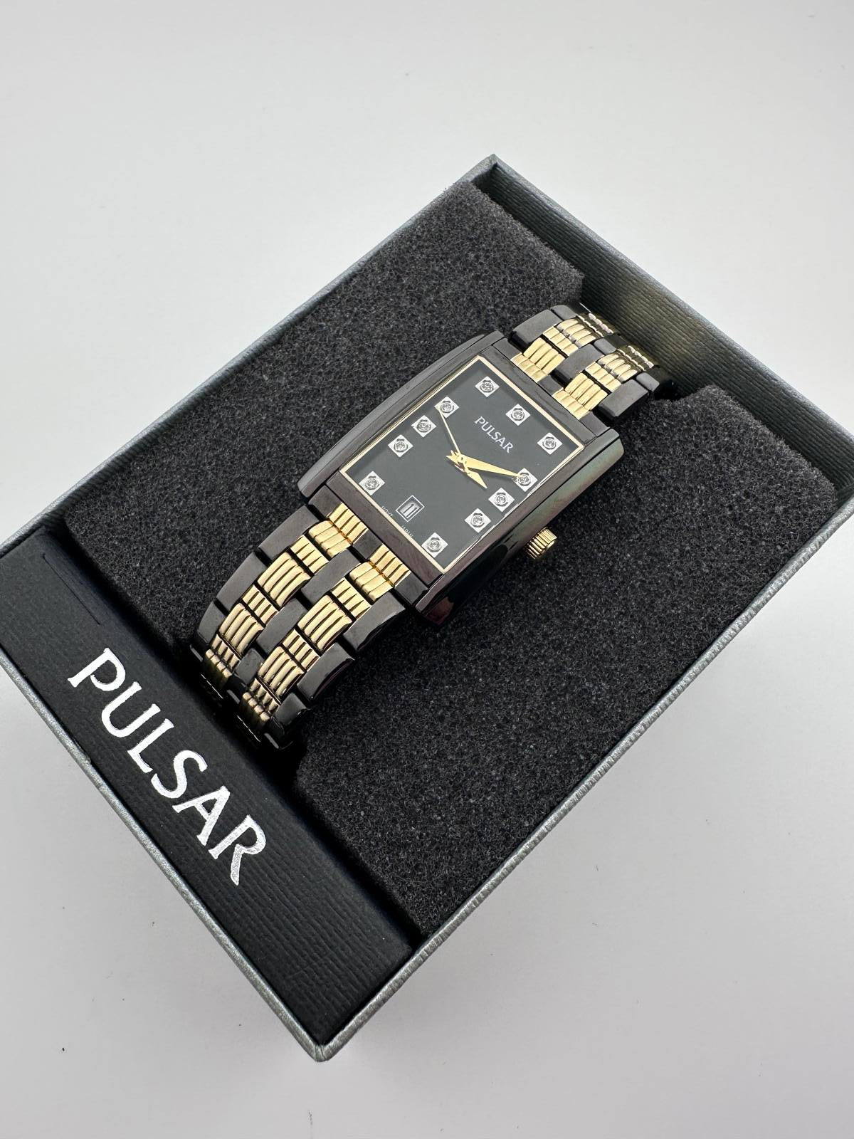 Pulsar Tank Watch Black Gold Swarovski NOS Box Papers